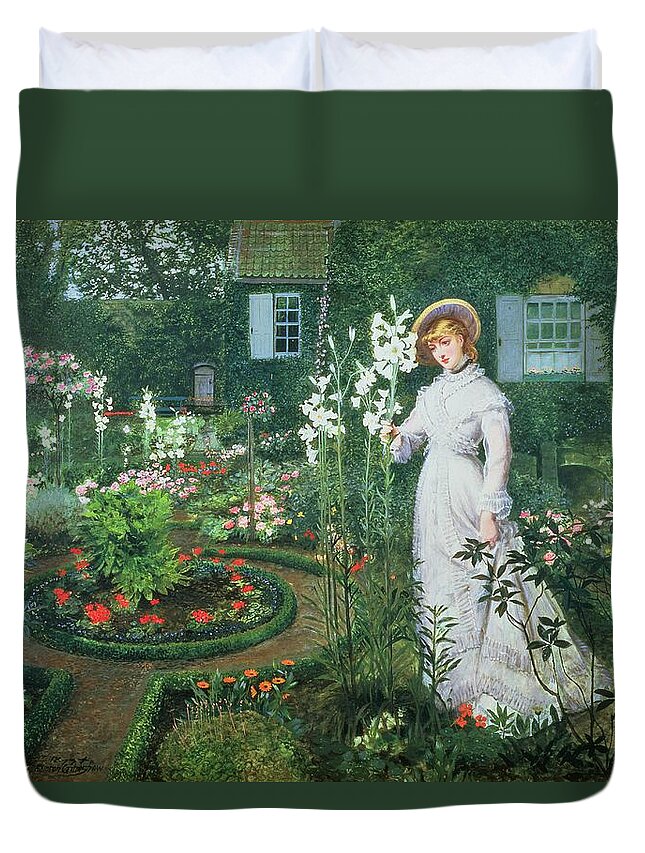 The Duvet Cover featuring the painting Queen of the Lilies by John Atkinson Grimshaw