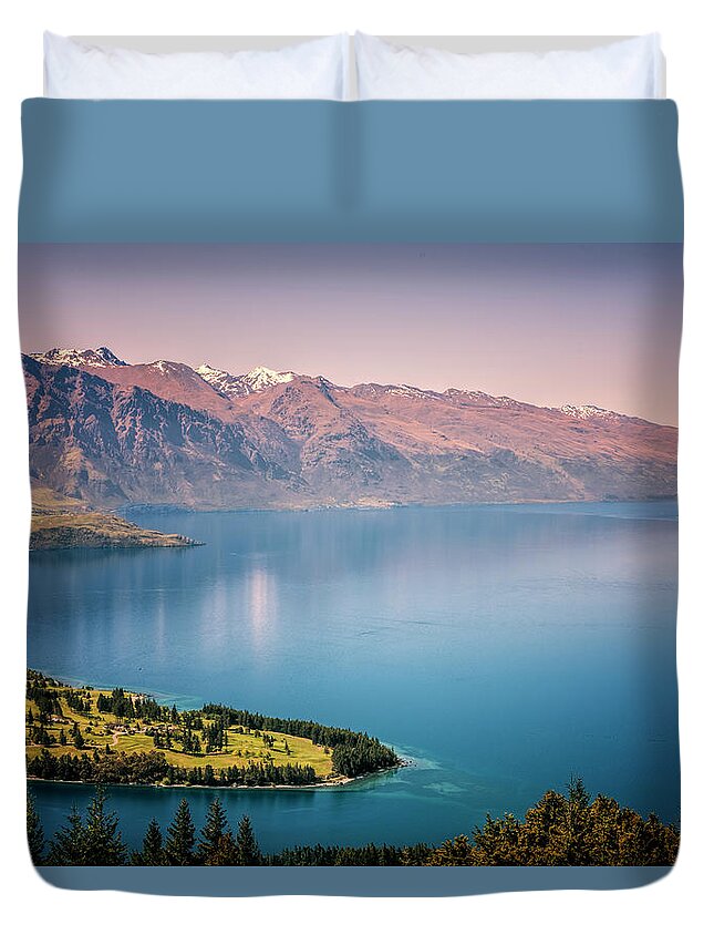 Joan Carroll Duvet Cover featuring the photograph Queenstown New Zealand from Above by Joan Carroll