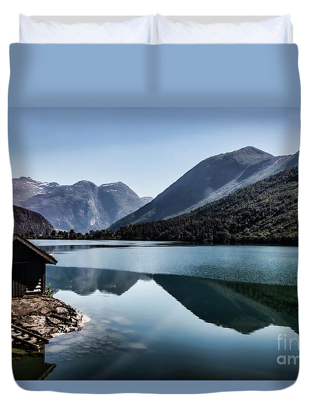 Cabin Duvet Cover featuring the photograph Quiet Cabin on Geiranger by Shirley Mangini
