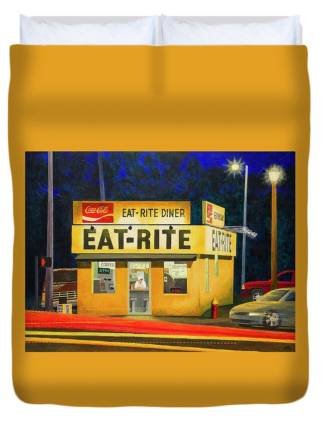 City Street Blur Duvet Cover featuring the painting Quiet Night at Eat Rite Diner by Garry McMichael
