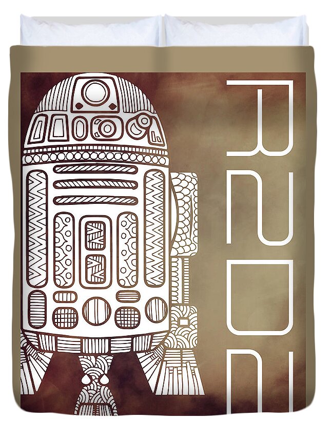 R2d2 Duvet Cover featuring the mixed media R2D2 - Star Wars Art - Brown by Studio Grafiikka