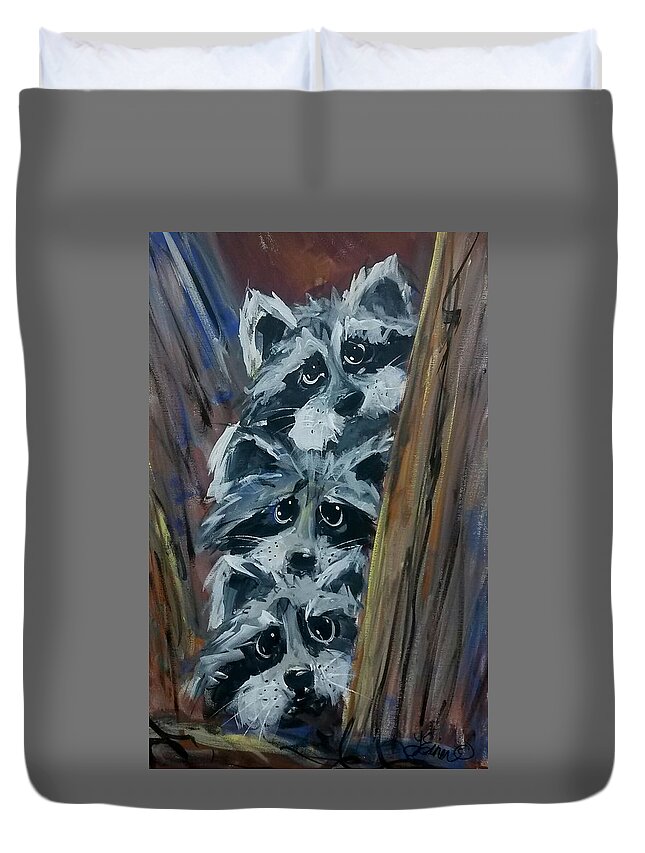Raccoon Duvet Cover featuring the painting Raccoon Triplets by Terri Einer