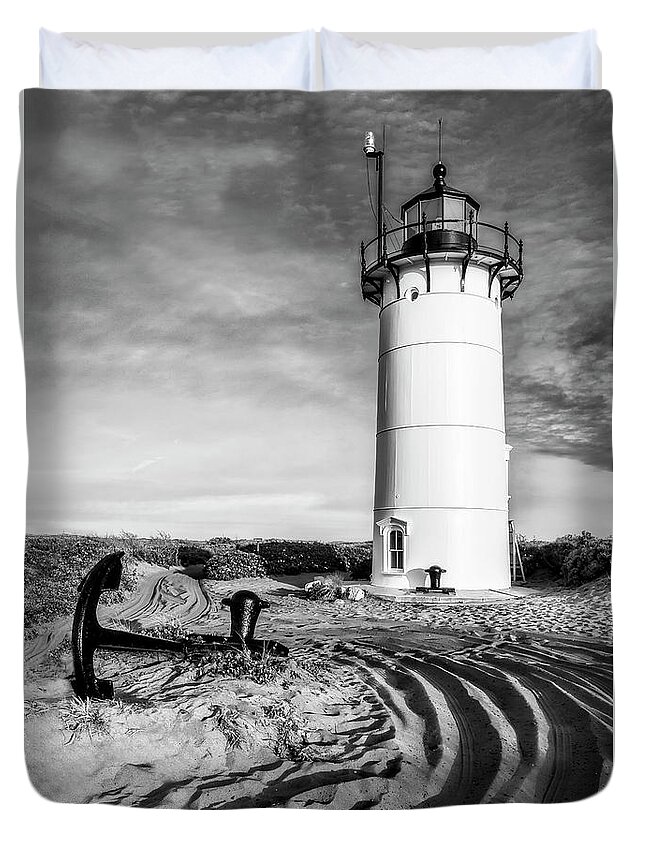 Race Point Light Duvet Cover featuring the photograph Race Point Light Provincetown MA BW by Susan Candelario