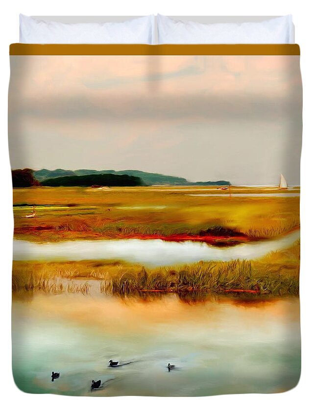 Essex River Duvet Cover featuring the painting Racing the Tide by Sand And Chi