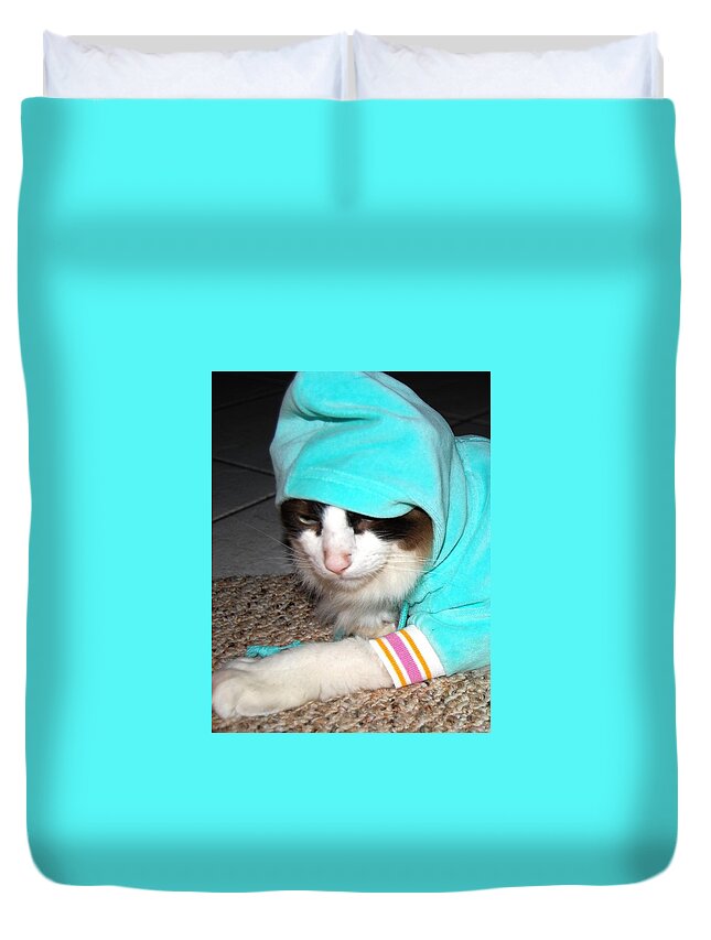 Rag Doll Cat Duvet Cover featuring the photograph Rag Doll in Sweat Suit 1 by Angela Murray
