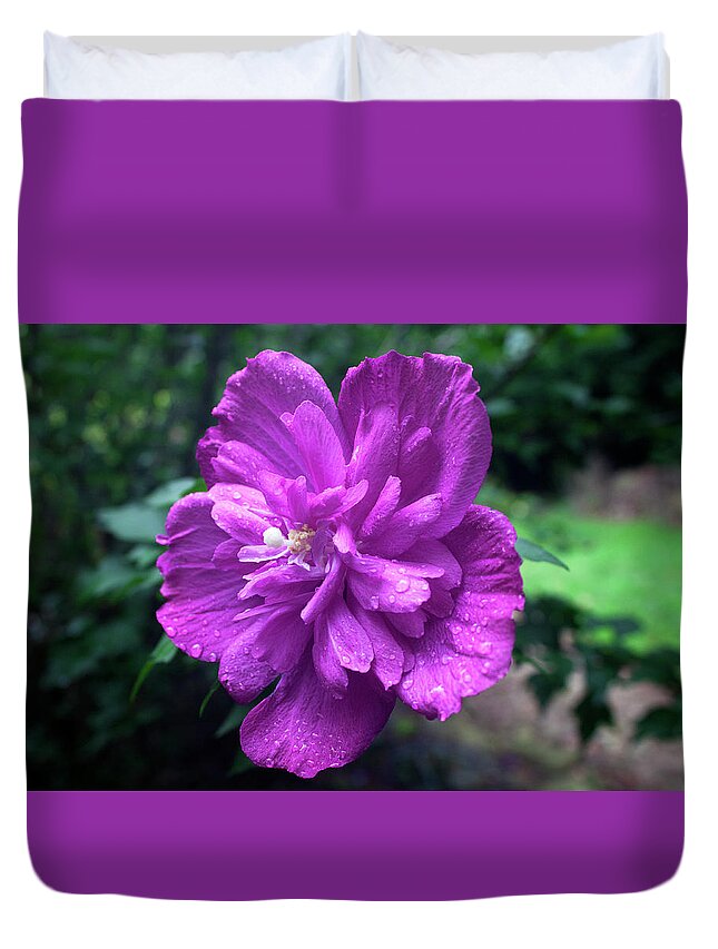 Flower Duvet Cover featuring the photograph Rain Drop Covered Blossom by Jeff Severson