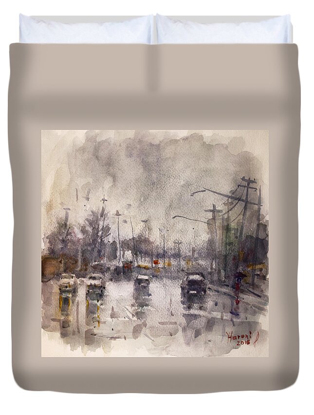 Rain Duvet Cover featuring the painting Rain in Niagara Falls Blvd by Ylli Haruni