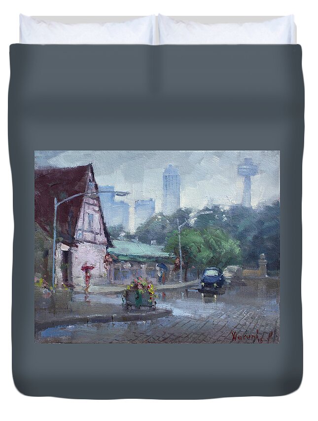 Rainy Day Duvet Cover featuring the painting Rain in Old Falls Street by Ylli Haruni
