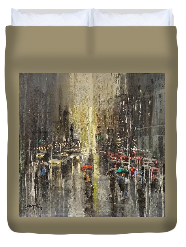 Milwaukee Duvet Cover featuring the painting Rain On Wisconsin Avenue by Tom Shropshire