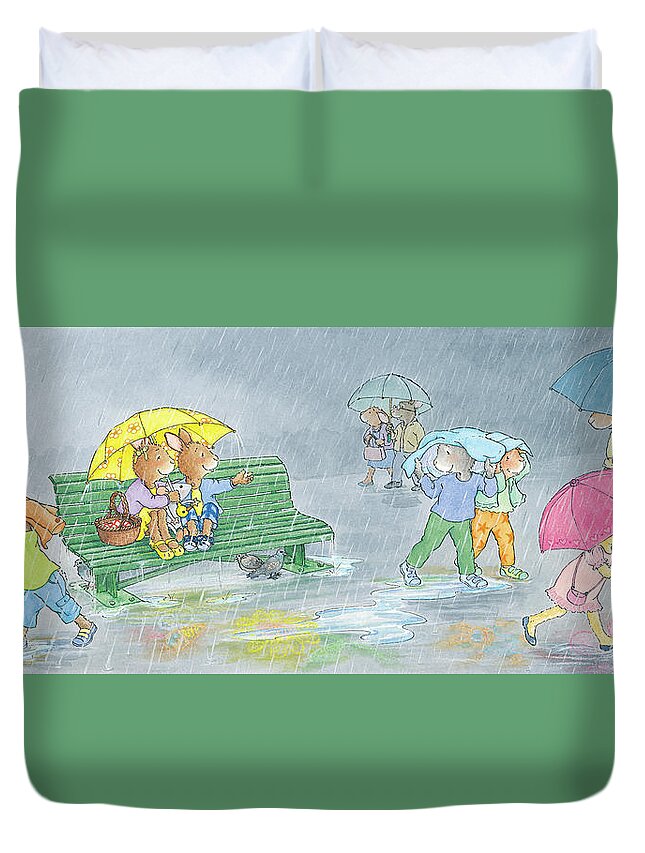 Breezy Bunnies Duvet Cover featuring the painting Rain Shower by June Goulding