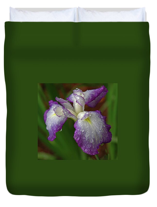Iris Duvet Cover featuring the photograph Rain-soaked Iris by Marie Hicks
