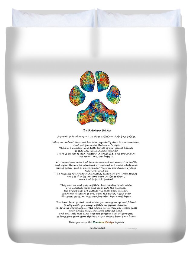 Rainbow Bridge Duvet Cover featuring the painting Rainbow Bridge Poem With Colorful Paw Print by Sharon Cummings by Sharon Cummings