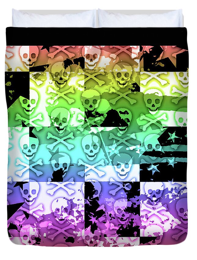 Rainbow Duvet Cover featuring the digital art Rainbow Checker Skull Splatter by Roseanne Jones