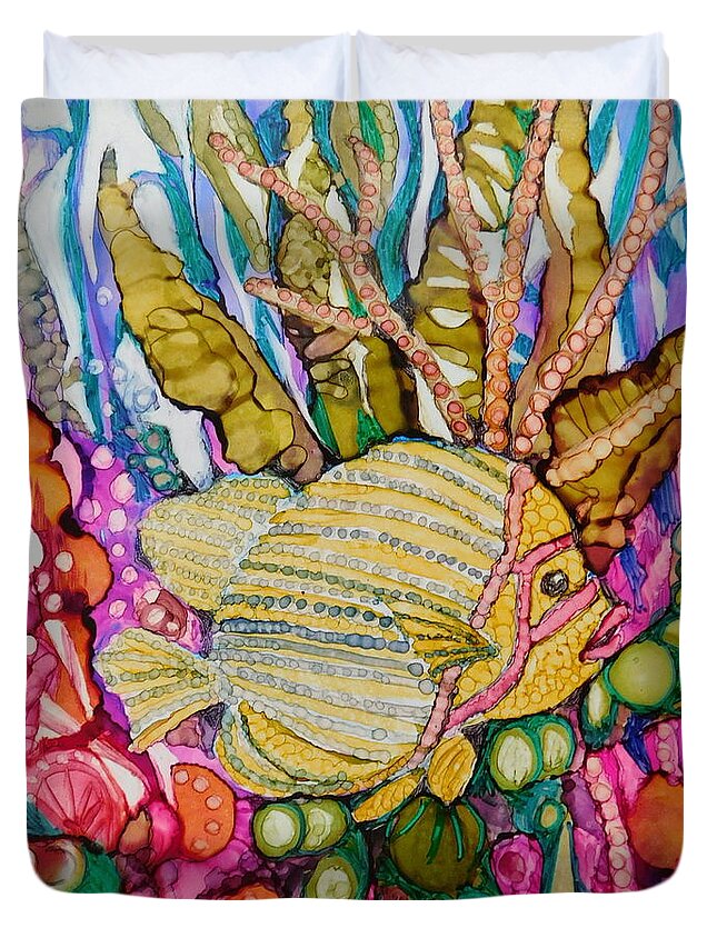 This Perky Rainbow-colored Sun Fish Was Painted On A 6 X 8 Ceramic Tile And Is Designed To Be Mounted On An Canvas Panel So It Fits A Standard 8 X 10 Frame.  Duvet Cover featuring the painting Rainbow-colored Sunfish by Joan Clear