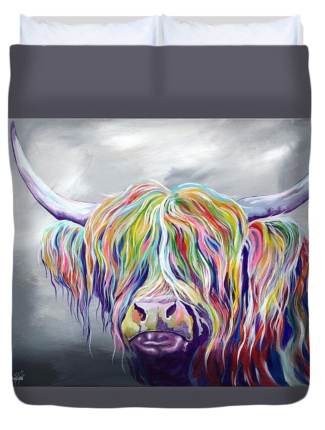 Highland Cow Coo Scotland Scottish Cattle Farm Bright Modern Animal Hebrides Duvet Cover featuring the painting Rainbow Coo by Aaron De la Haye