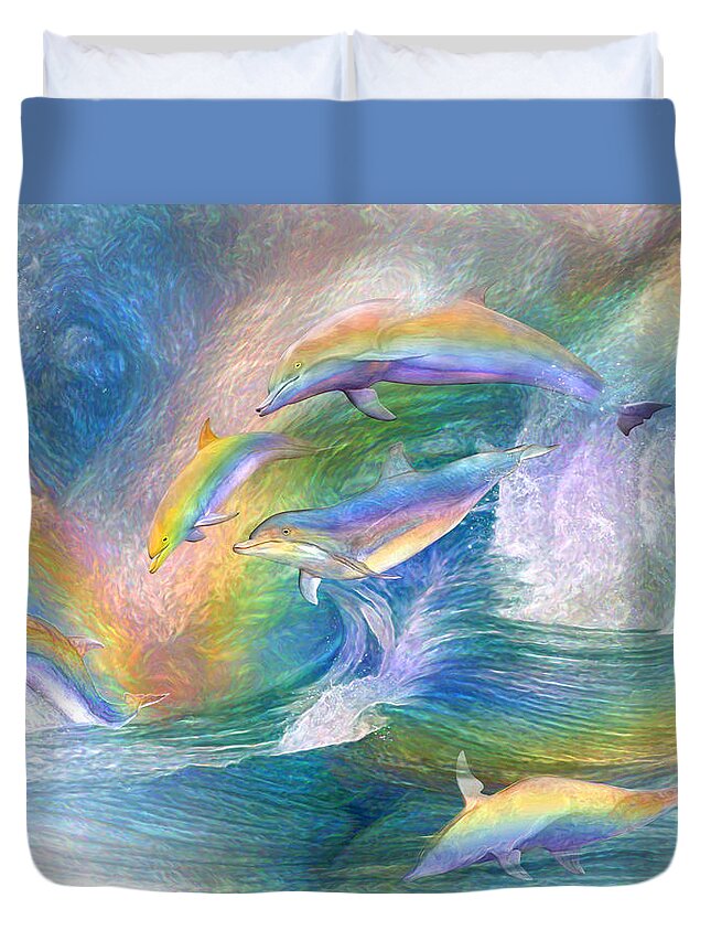 Carol Cavalaris Duvet Cover featuring the mixed media Rainbow Dolphins by Carol Cavalaris