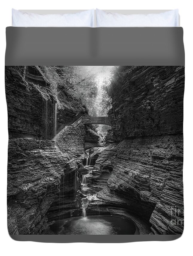 Watkins Glen State Park Duvet Cover featuring the photograph Rainbow Falls BW by Michael Ver Sprill