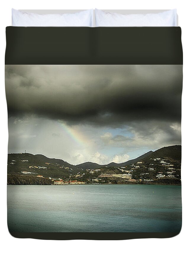 St Maarten Duvet Cover featuring the photograph Rainbow over St. Maarten by Coby Cooper