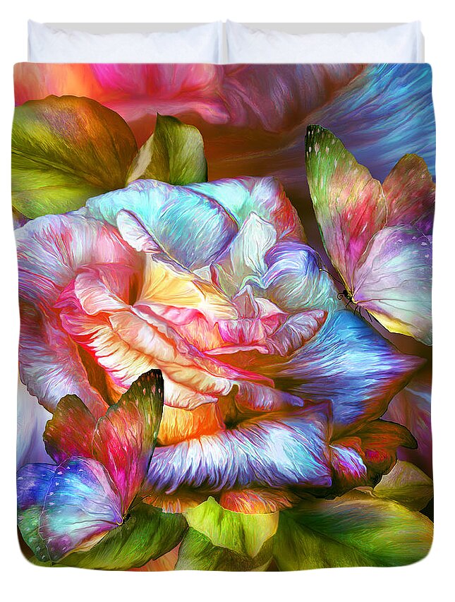 Carol Cavalaris Duvet Cover featuring the mixed media Rainbow Rose And Butterflies by Carol Cavalaris