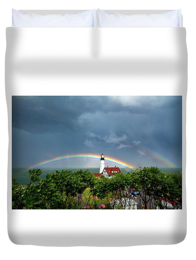Portland Headlight Duvet Cover featuring the photograph Rainbow x 2 at Portland Headlight by Darryl Hendricks