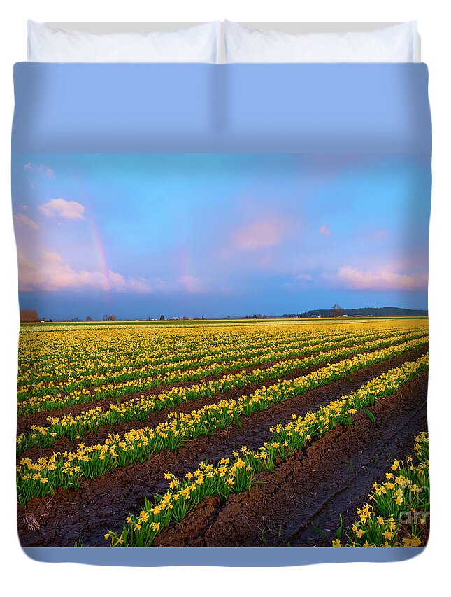 Daffodils Duvet Cover featuring the photograph Rainbows, Daffodils and Sunset by Michael Dawson