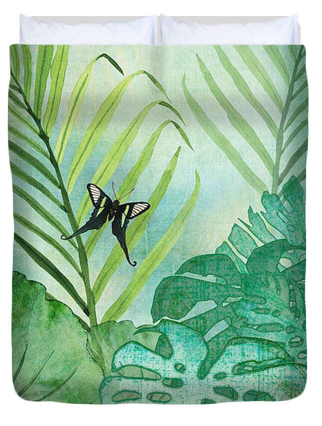 Jungle Duvet Cover featuring the painting Rainforest Tropical - Philodendron Elephant Ear and Palm Leaves w Botanical Butterfly by Audrey Jeanne Roberts