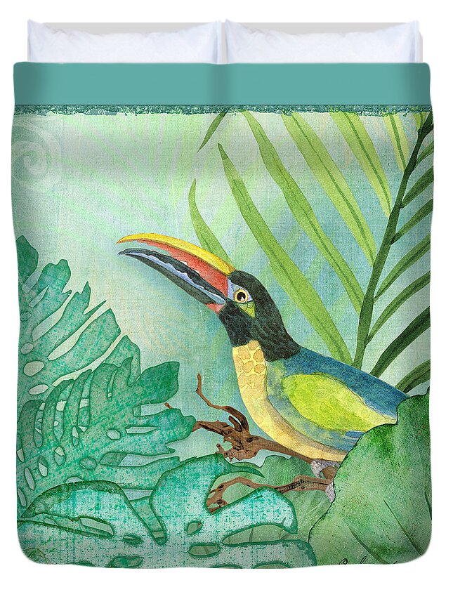 Square Format Duvet Cover featuring the painting Rainforest Tropical - Jungle Toucan w Philodendron Elephant Ear and Palm Leaves 2 by Audrey Jeanne Roberts