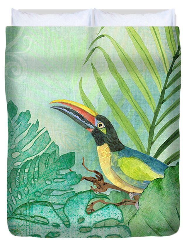 Toucan Duvet Cover featuring the painting Rainforest Tropical - Tropical Toucan w Philodendron Elephant Ear and Palm Leaves by Audrey Jeanne Roberts