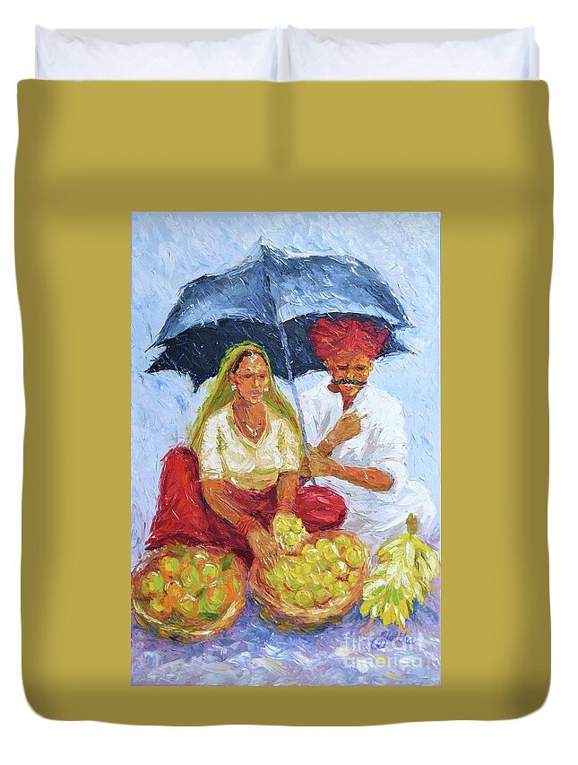  Duvet Cover featuring the painting Rainy Day at the Market by Jyotika Shroff