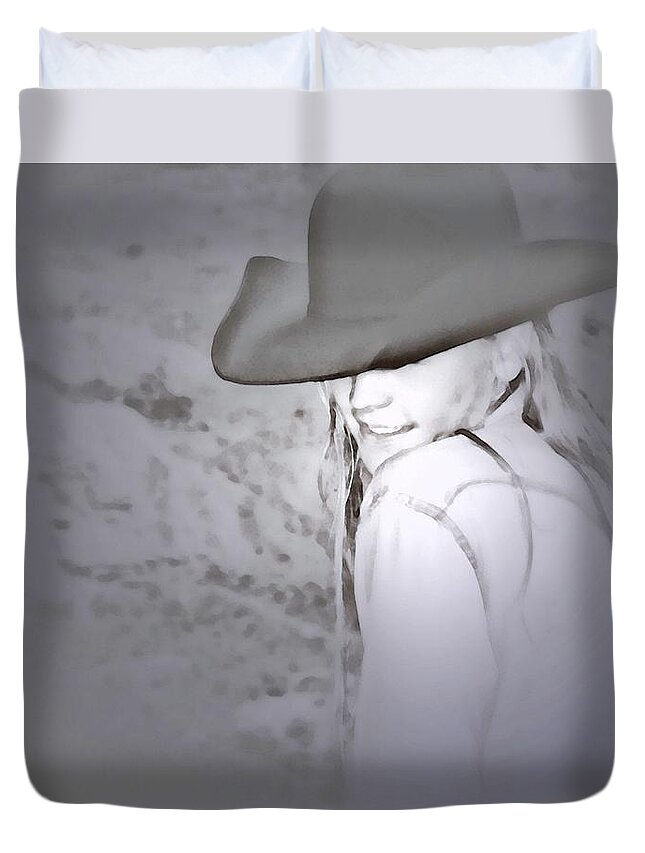 Black Duvet Cover featuring the photograph Rainy Day Cowgirl by Amanda Smith
