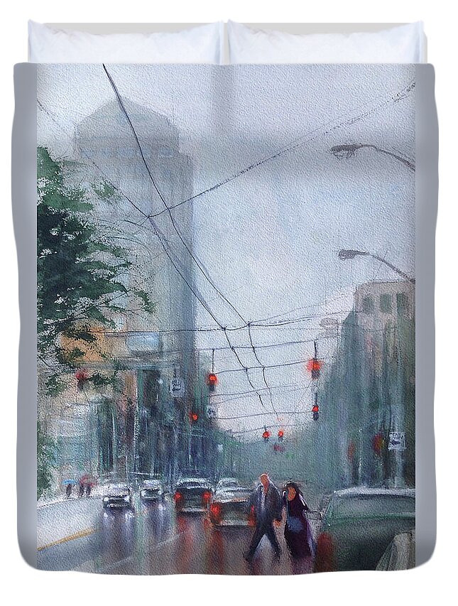Dayton Duvet Cover featuring the painting Rainy Downtown Dayton Day by Gregory DeGroat