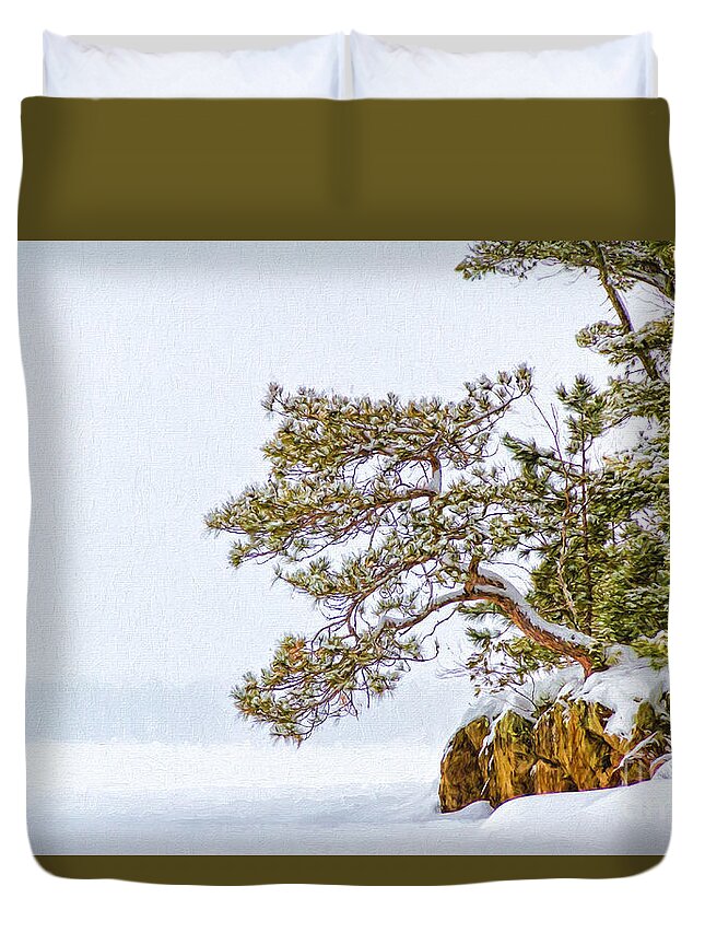 Rainy Lake Duvet Cover featuring the photograph Rainy Lake Pine by Lori Dobbs
