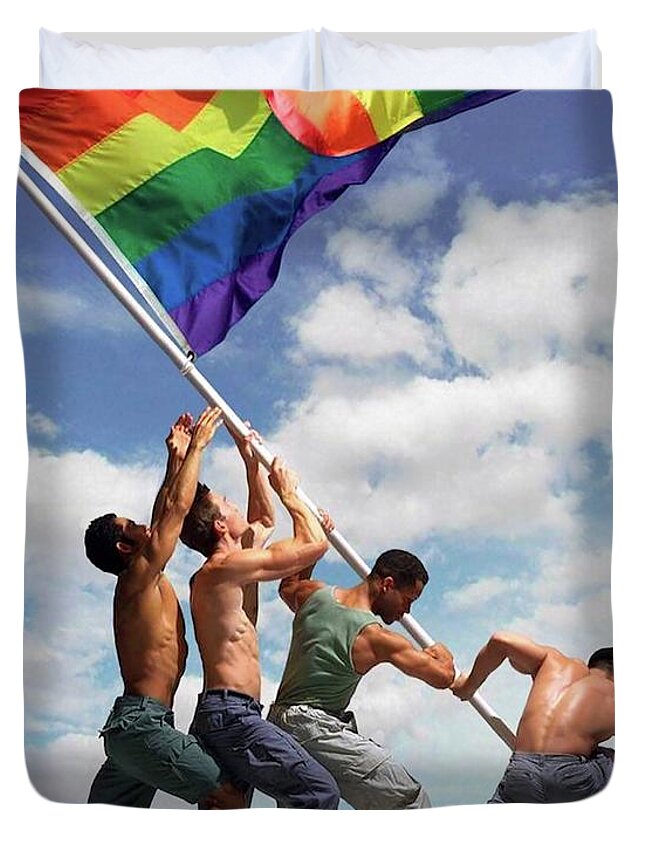 Troy Caperton Duvet Cover featuring the painting Raising the Rainbow Flag by Troy Caperton