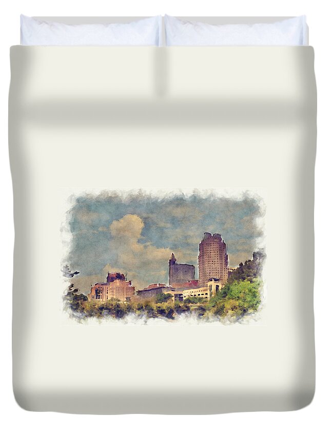 Top Duvet Cover featuring the digital art Raleigh Skyline by Paulette B Wright