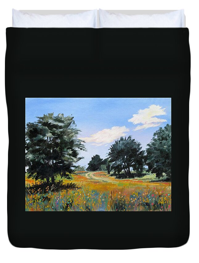 Texas Landscape Duvet Cover featuring the painting Ranch Road Near Bandera Texas by Adele Bower