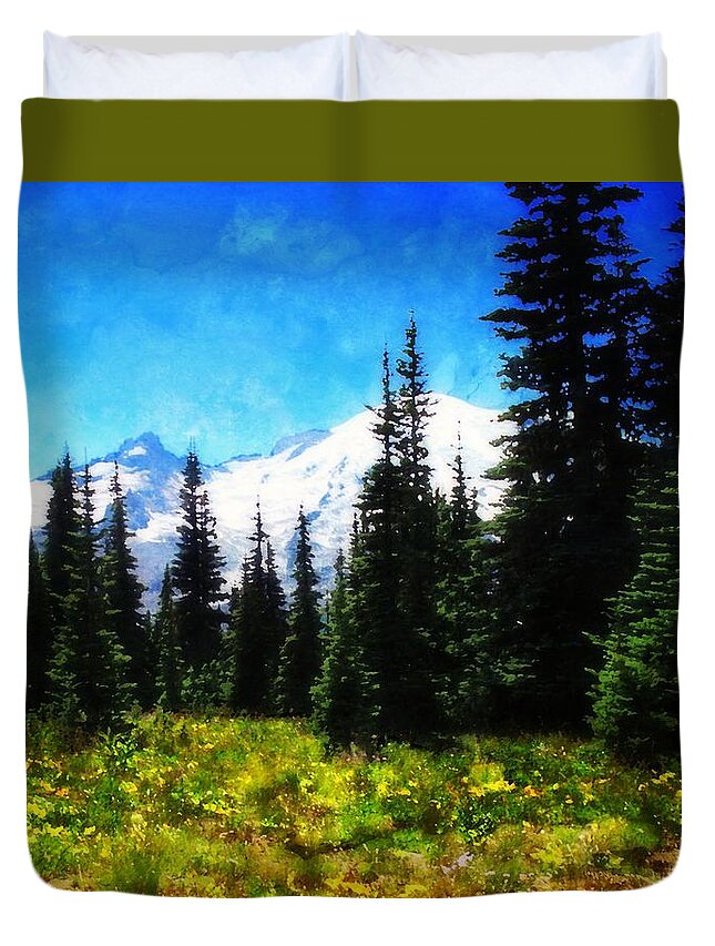 Mount Ranier Duvet Cover featuring the photograph Ranier Mountain Meadow by Timothy Bulone