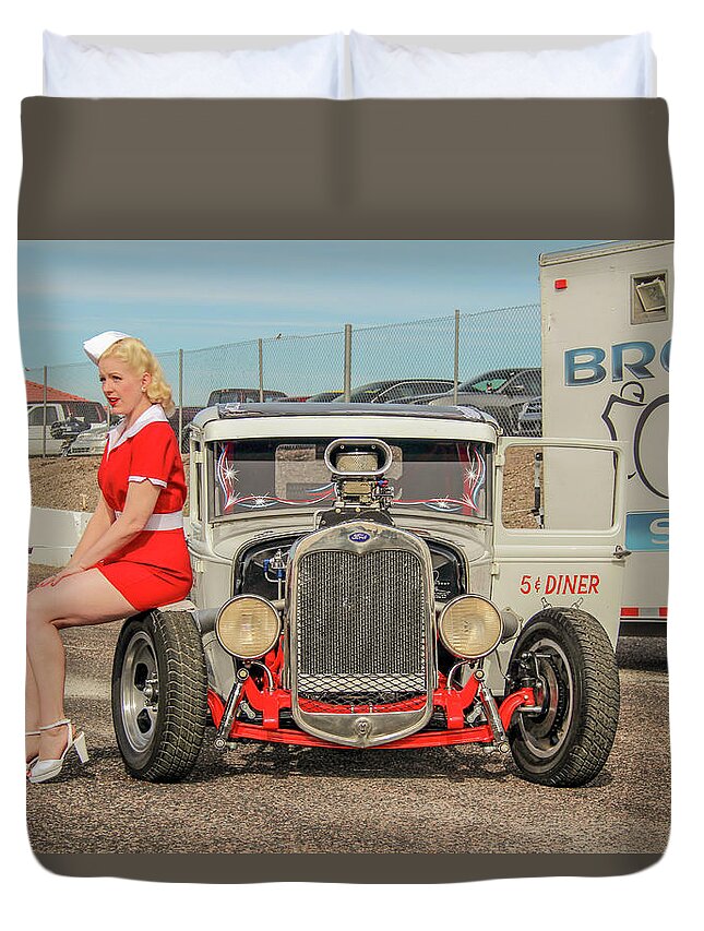 Pinup Duvet Cover featuring the photograph Ratrod pinup by Darrell Foster