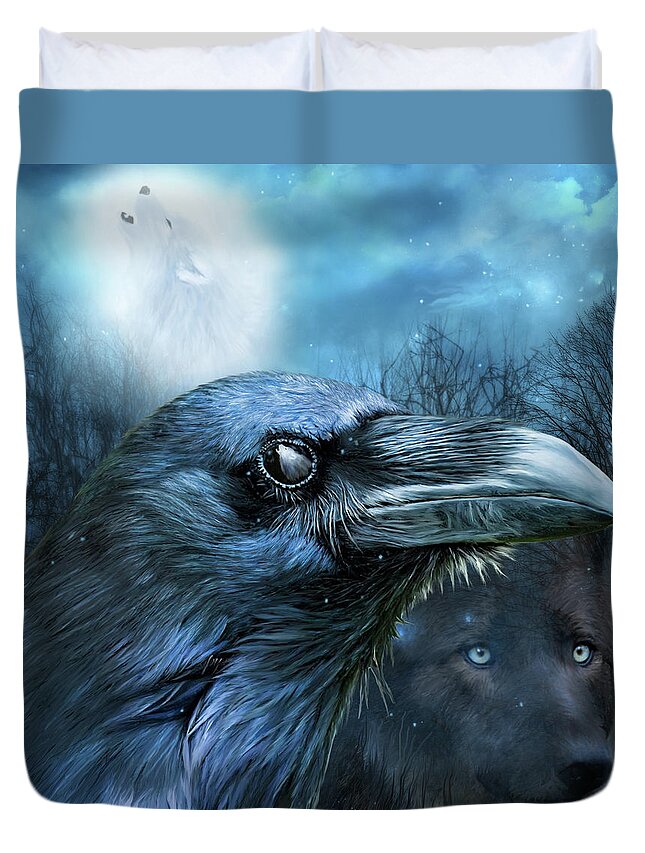 Carol Cavalaris Duvet Cover featuring the mixed media Raven and Wolf - In The Moonlight by Carol Cavalaris