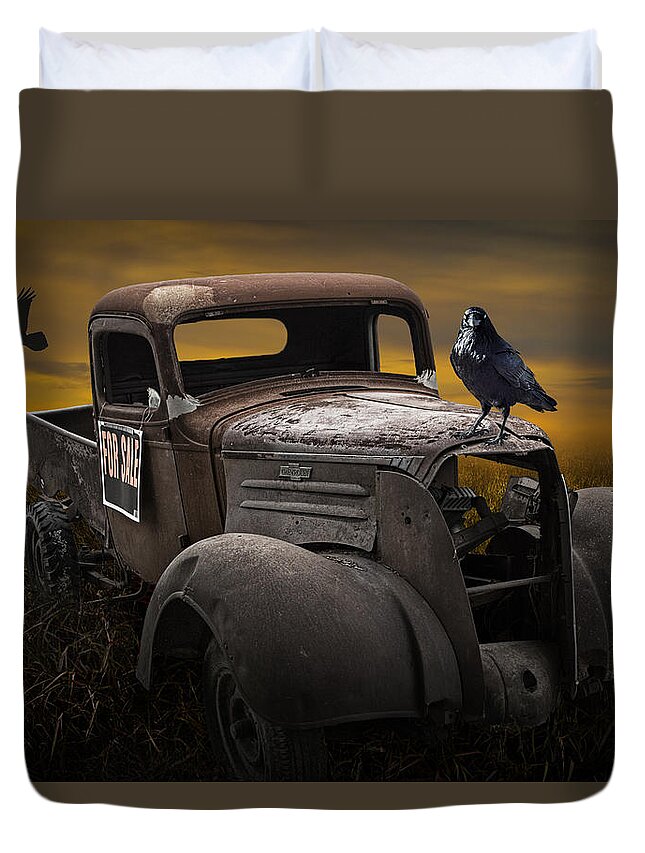 Vintage Duvet Cover featuring the photograph Raven Hood Ornament on Old Vintage Chevy Pickup Truck by Randall Nyhof