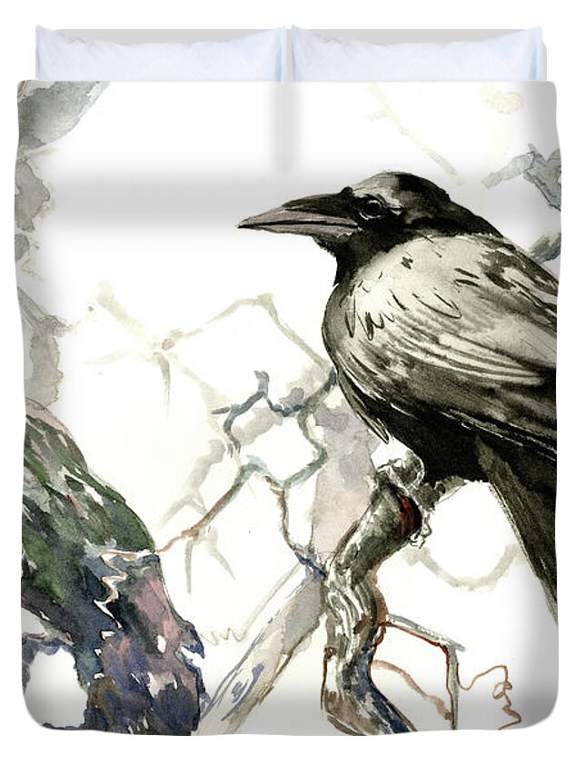 Raven Duvet Cover featuring the painting Raven on the Tree by Suren Nersisyan