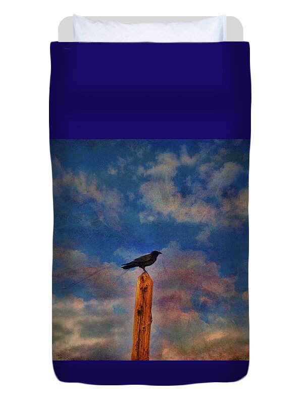 Birds Duvet Cover featuring the photograph Raven Pole by Jan Amiss Photography