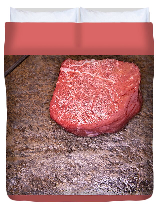 Beef Duvet Cover featuring the photograph Raw filet mignon steak on slate by Karen Foley