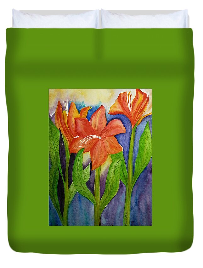 Orange Floral Duvet Cover featuring the painting Reaching for the sun by Susan Nielsen