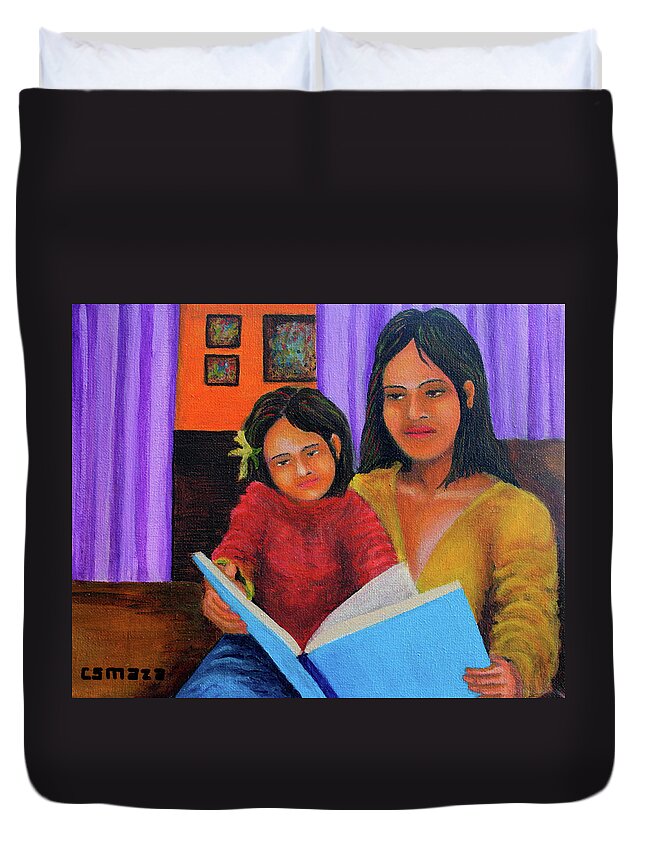 Mother Duvet Cover featuring the painting Reading with Mom by Cyril Maza