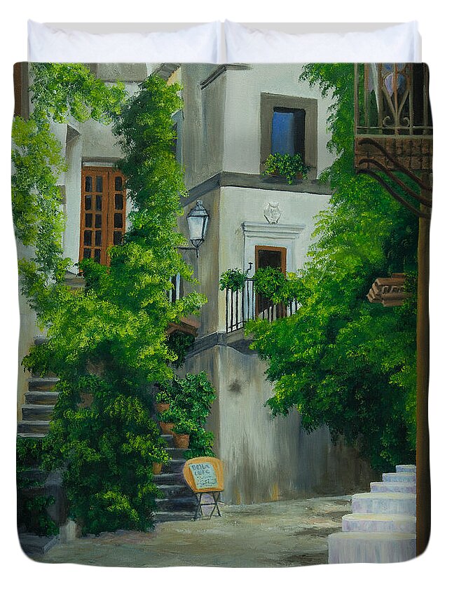 Italy Street Painting Duvet Cover featuring the painting Ready for Business by Charlotte Blanchard