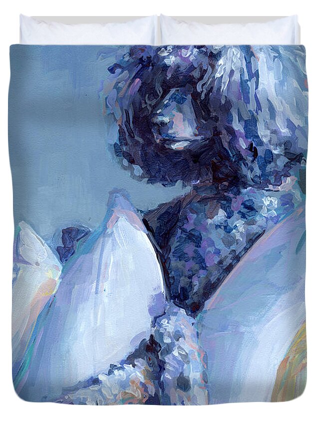 Black Dog Duvet Cover featuring the painting Ready For Her Closeup by Kimberly Santini