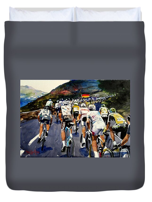 Cycling Duvet Cover featuring the painting Rear of the Pelaton by Shirley Peters
