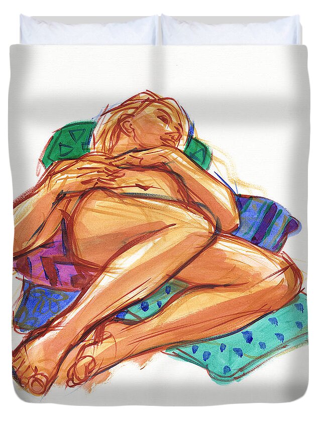 Figure Study Duvet Cover featuring the painting Reclining on cushions by Judith Kunzle