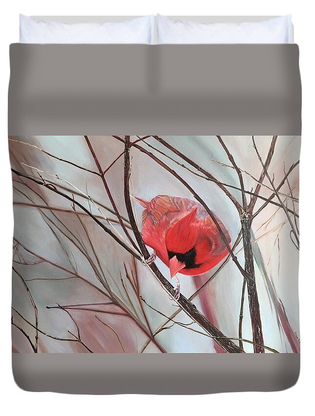 #cardinal #red #bird #feathers #nature #wildlife #landscape #trees #tree #snow #winter #birds #black #naturally #wild #canada Duvet Cover featuring the painting Red Alert by Stella Marin