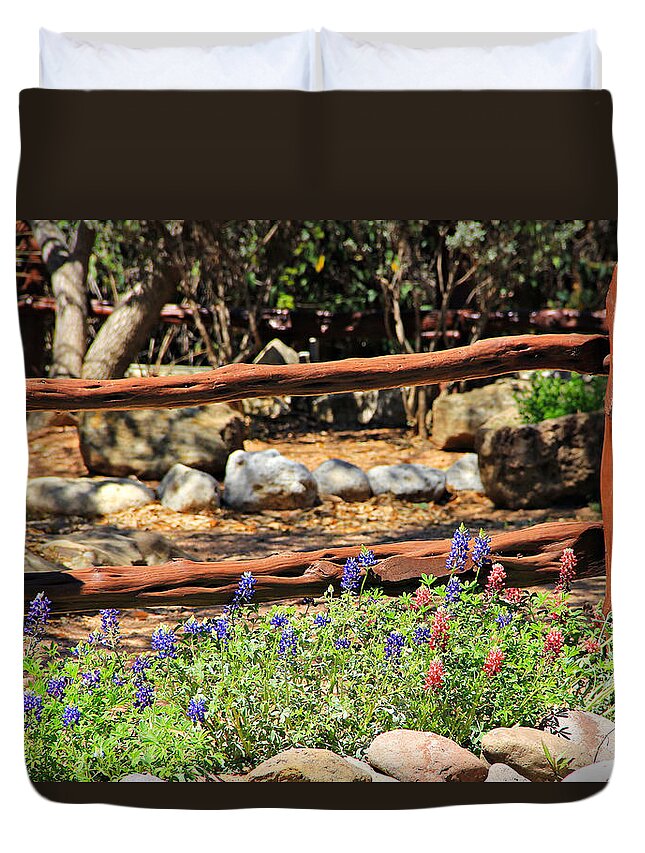Landscape Duvet Cover featuring the photograph Red and Bluebonnets by Matalyn Gardner